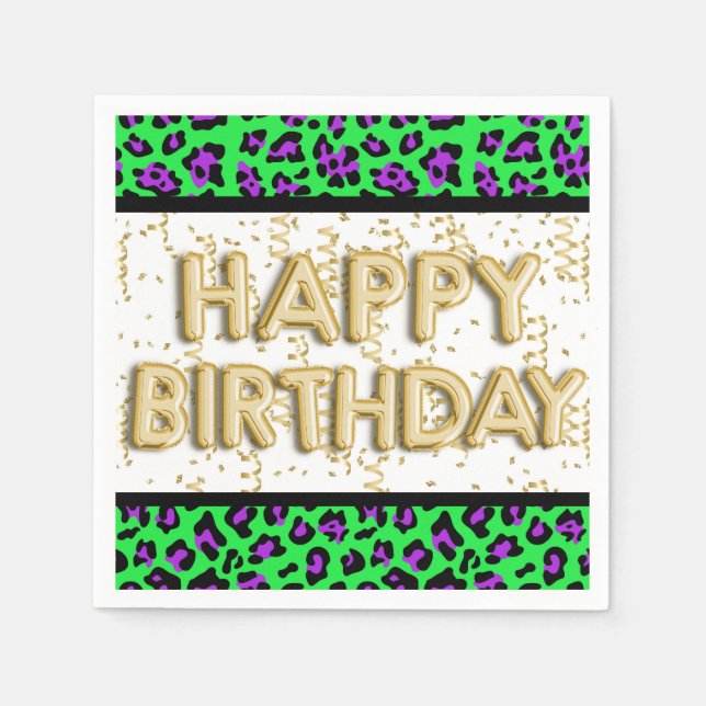 Guardanapo De Papel Leopardo Roxo Verde Feliz Aniversário Dourado (Frente)