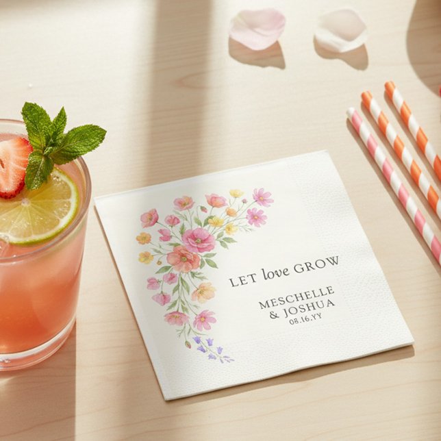 Guardanapo De Papel Let Love Grow Pink Orange Flowers Wedding (Let love Grow pretty napkins from the Wildflower Bloom wedding collection by Darling & May)