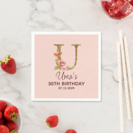 Guardanapo De Papel Letra U Monograma Dourado Rosas Rosa Beijo