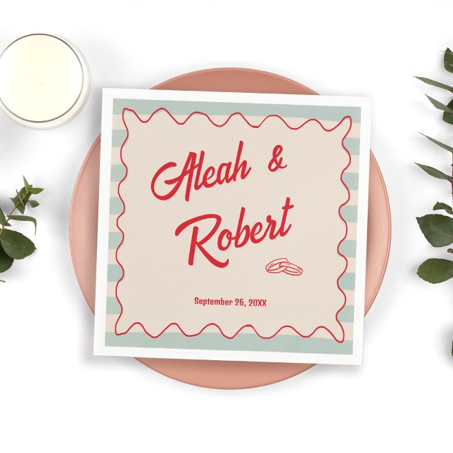 Guardanapo De Papel Letra Vermelha Listras Azuis Casamento Retrô (Criador carregado)