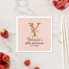 Guardanapo De Papel Letra Y Monograma Dourado Rosas Rosa Beijo