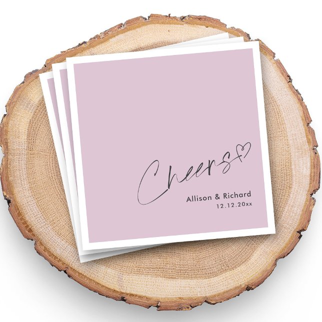 Guardanapo De Papel Letras Legais de Mão Lilac Casamento (Personalized Elegant Cheers Hand Lettering Modern Lilac Wedding Napkins With Names and Date)