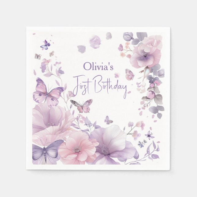 Guardanapo De Papel Lilac Butterfly Watercolor Disposable Luncheon (Frente)