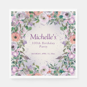 Guardanapo De Papel Lilás Rosa Roxo Floral Aquarela 100º Aniversário