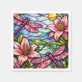 Guardanapo De Papel Lilases e Libélulas Rosa em Vidro Fosco