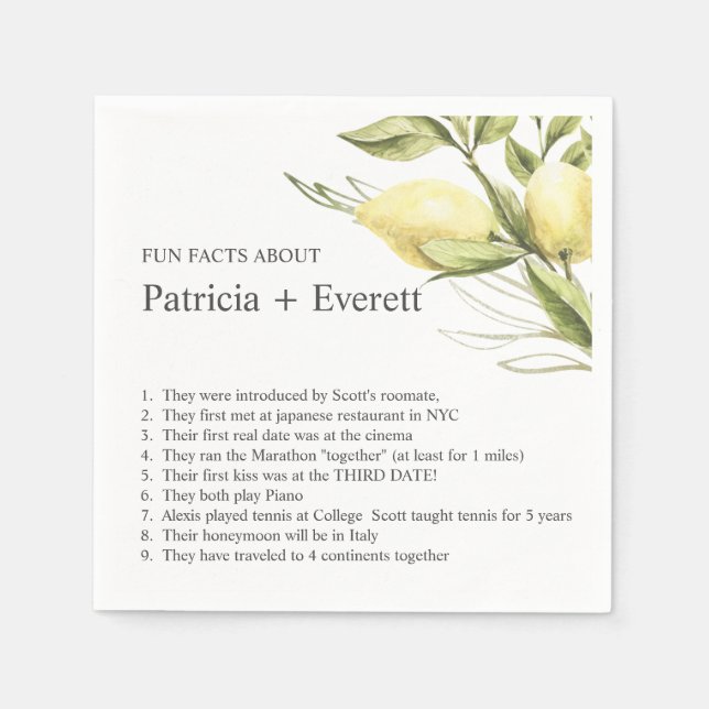 Guardanapo De Papel Limão e folhas, FUN FACT WEDDING (Frente)
