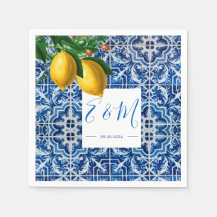 Guardanapo De Papel Limões Azul Azulejo Branco Monograma