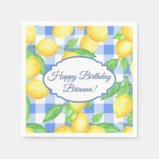 Guardanapo De Papel Limon e Xadrez Azul de Aniversário (Frente)