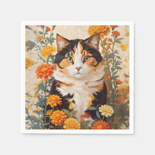 Guardanapo De Papel Linda Gato Calico Com Flores Marigold (Frente)