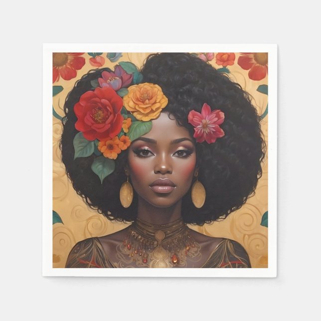 Guardanapo De Papel Linda Mulher Afro-Americana Com Flores (Frente)