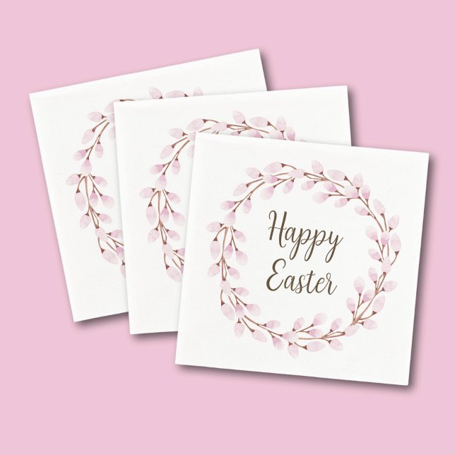 Guardanapo De Papel Linda Salgueiro Feliz Páscoa  (Cute Pink Pussy Willow Happy Easter Napkins)