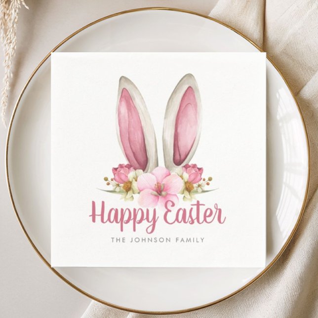 Guardanapo De Papel Lindas orelhas de coelho florais rosa Páscoa feliz (Cute Pink Floral Bunny Ears Happy Easter Napkins)