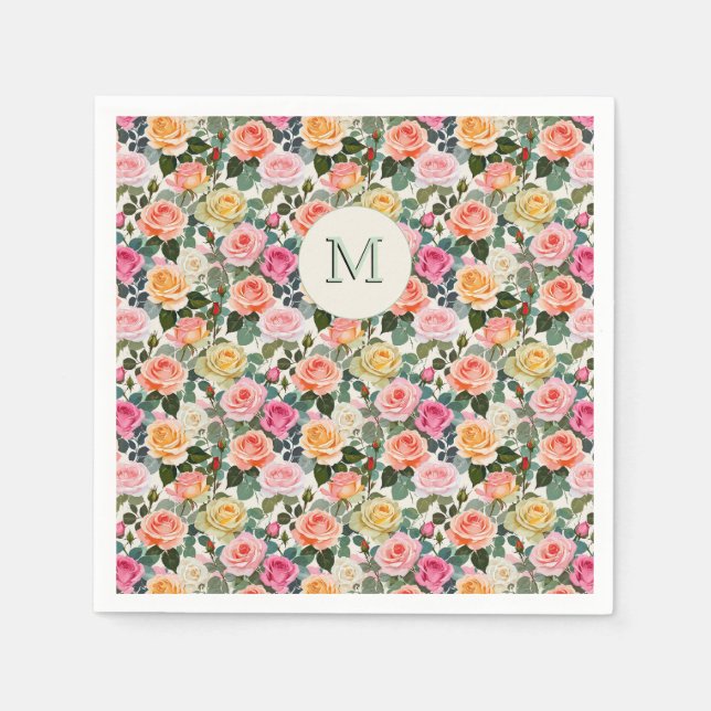 Guardanapo De Papel Lindas Rosas de Jardim Florais Monogramadas Elegan (Frente)