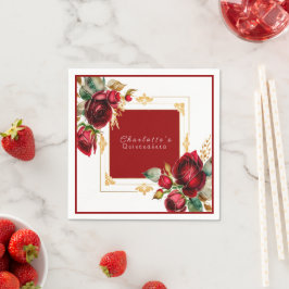 Guardanapo De Papel Lindas Rosas vermelhas Douradas Filigree Quinceañe