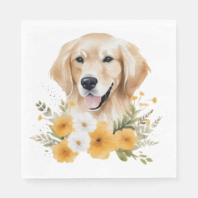 Guardanapo De Papel Lindo Cachorro Golden Retriever Aquarela Floral Fi (Frente)
