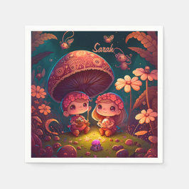 Guardanapo De Papel Lindos elfos brincam sob cogumelos