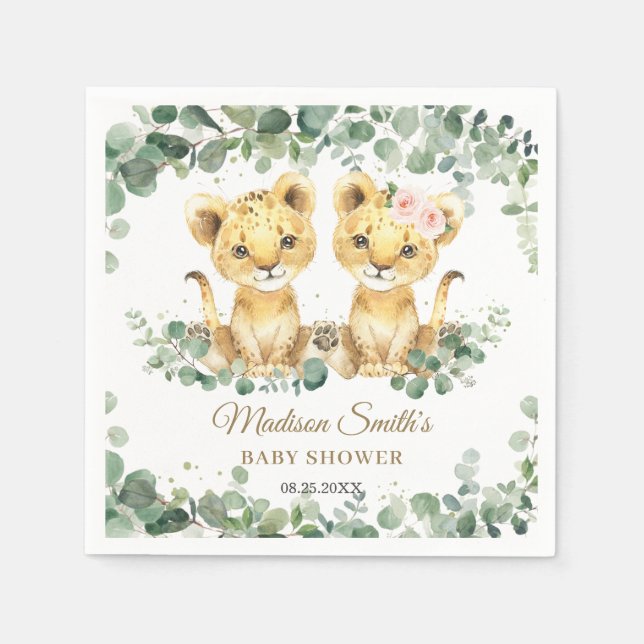 Guardanapo De Papel Lion Cubs Greenery Twin Boy Girl Baby Shower  (Frente)