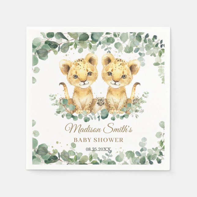 Guardanapo De Papel Lion Cubs Greenery Twin Boys Baby Shower  (Frente)