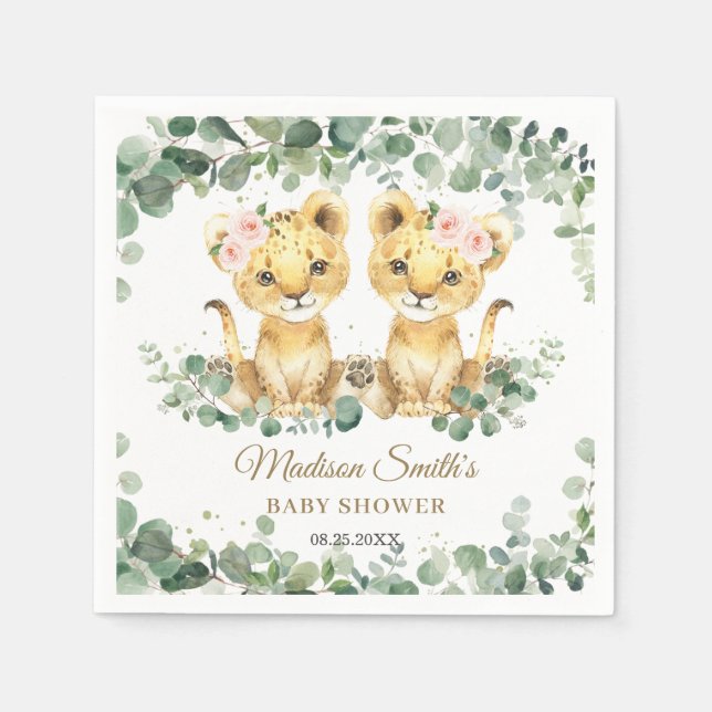 Guardanapo De Papel Lion Cubs Jungle Greenery Twin Girls Baby Shower  (Frente)