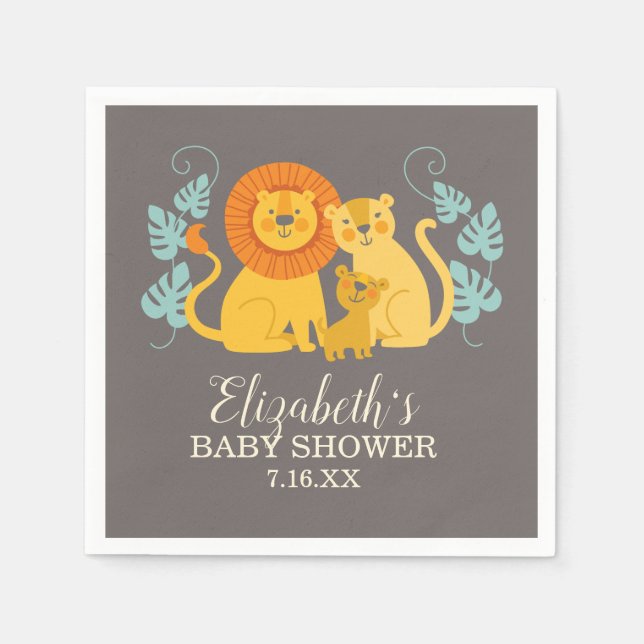 Guardanapo De Papel Lion Jungle Safari Cinza Baby Chá (Frente)