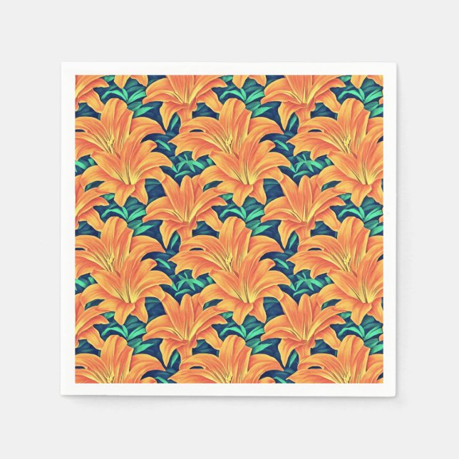 Guardanapo De Papel Lírios do Dia Laranja com Folhas Verdes (Frente)