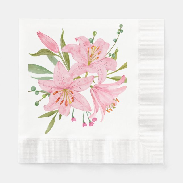 Guardanapo De Papel Lírios Orientais Rosa ilustrados à mão (Frente)