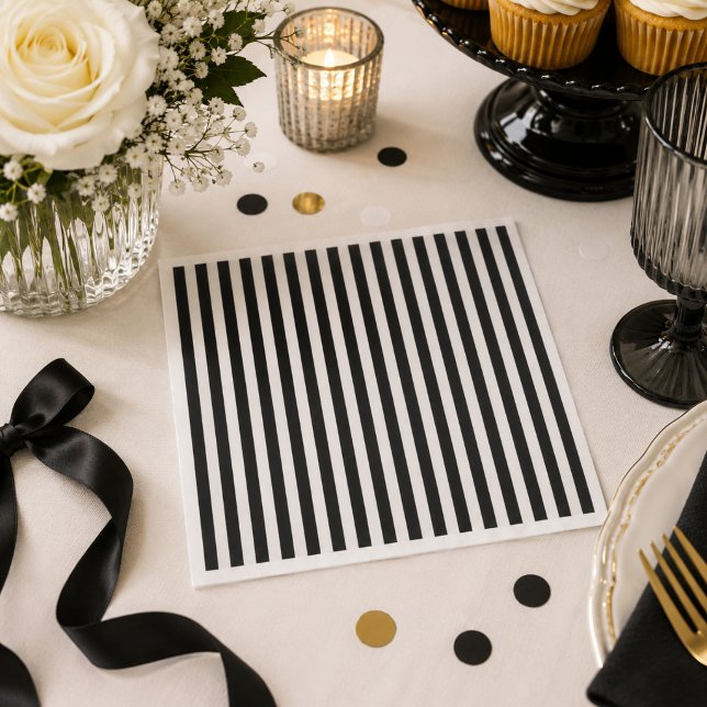 Guardanapo De Papel Listra preta e branca  (Modern Black and white stripe napkin, old money theme party decoration)