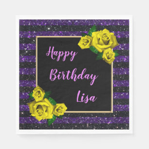 Guardanapo De Papel Listras de Glitter Roxo Preto Rosas Amarelas Anive