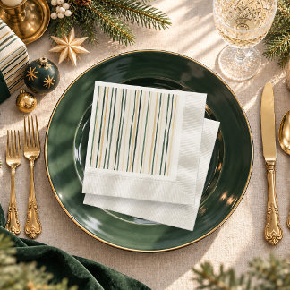 Guardanapo De Papel Listras de Natal em Verde Aquarela e Dourado Suave