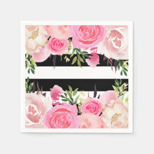 Guardanapo De Papel Listras Pretas e Brancas com Flores Rosa no Chá de