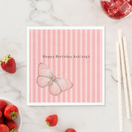 Guardanapo De Papel Listras Rosa com Aniversário de Borboleta