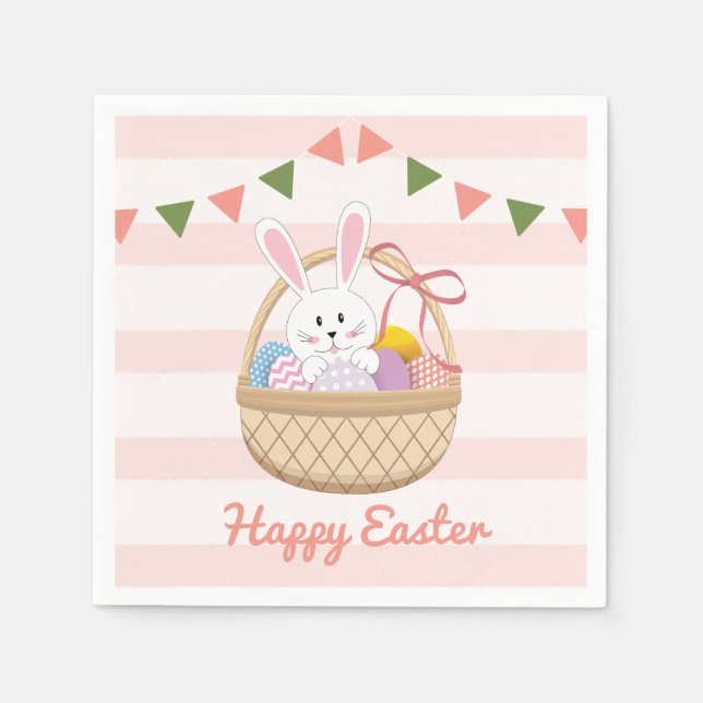 Guardanapo De Papel Listras Rosa E Brancas Coelho Da Páscoa No Cesto (Frente)