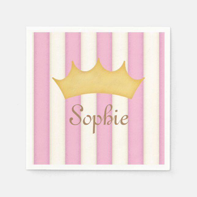 Guardanapo De Papel Listras Rosa Nome Personalizado Coroa Princesa (Frente)