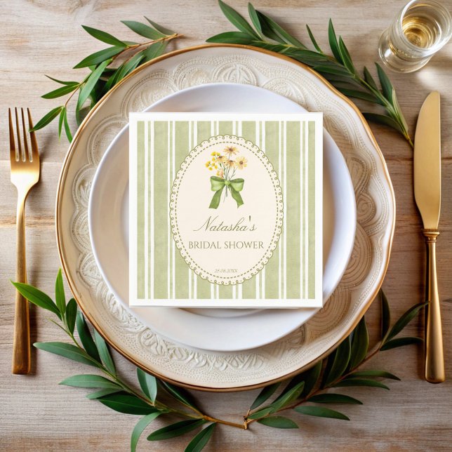 Guardanapo De Papel Listras verde sálvia chá de lingerie monogramado (Sage green stripes grand millennial retro bridal shower personalized napkins personalized decor)