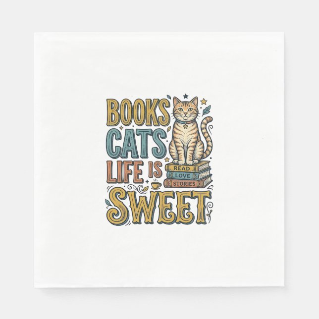 Guardanapo De Papel Livros Gatos A Vida É Doce Design Para Leitores de (Frente)
