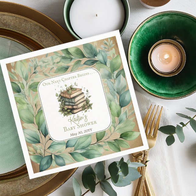 Guardanapo De Papel Livros Nosso Próximo Capítulo Começa Chá de fralda (Rustic Vintage Look Elegance "Our Next Chapter Begins . . ." Books and Leaves Baby Shower Napkins)
