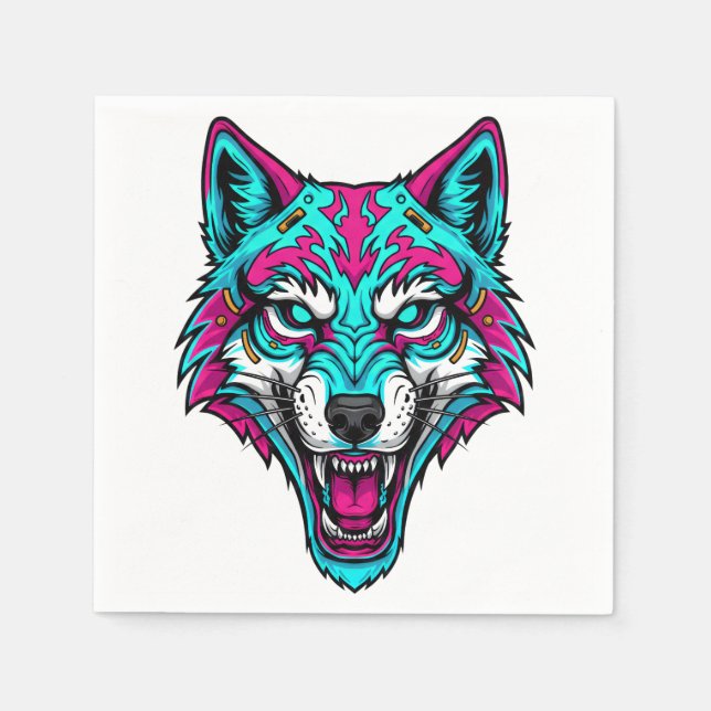 Guardanapo De Papel Lobo Neon Cyberpunk - Animal Robótico Synthwave (Frente)