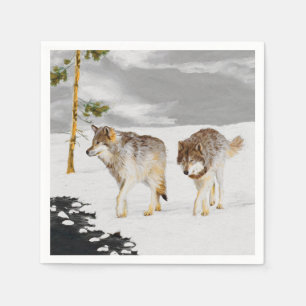 Guardanapo De Papel Lobos na Pintura da Neve - Arte Original sobre a V