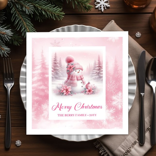 Guardanapo De Papel Lovely Pink Snowman Winter Forest Christmas Napkin (Lovely Pink Snowman Winter Forest Christmas Napkins)