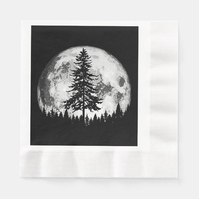 Guardanapo De Papel Lua cheia retrorada e árvore de pinheiro minimalis (Frente)