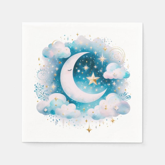 Guardanapo De Papel Lua Crescente Azul e Branco Celestial Boho Moderno (Frente)