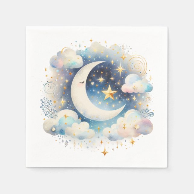 Guardanapo De Papel Lua Crescente Azul e Branco Celestial Boho Moderno (Frente)