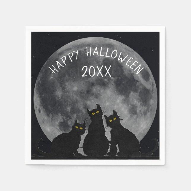 Guardanapo De Papel Lua de Halloween e silhuetas de gatos pretos (Frente)