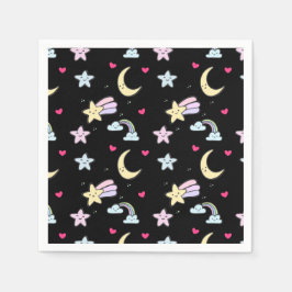Guardanapo De Papel Lua, Estrelas e Nuvens Padrão em Preto