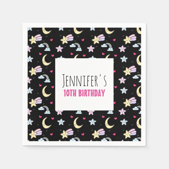 Guardanapo De Papel Lua, Estrelas e Nuvens Padrão no Aniversário Negro (Frente)