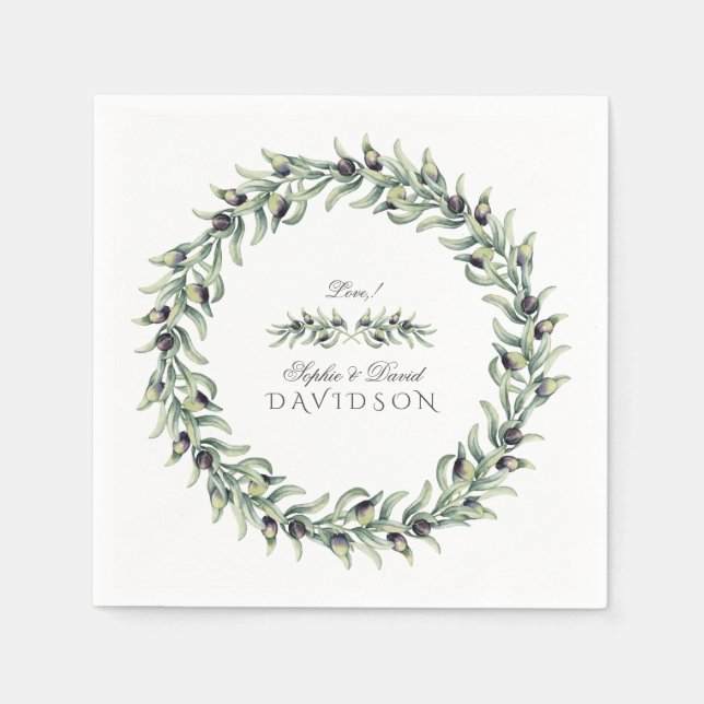 Guardanapo De Papel Lush Watercolor Olive Branch Wreath Casamento (Frente)