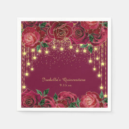 Guardanapo De Papel Luz de Corda Dourada Rosa Vermelha Estrelas Quince