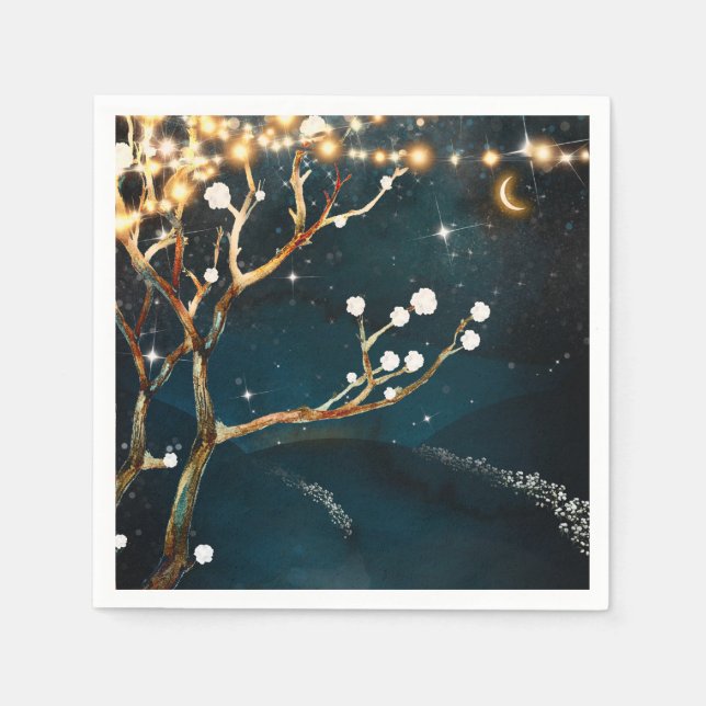 Guardanapo De Papel Luzes de Árvore Noturna Rústica Casamento Estrelad (Frente)