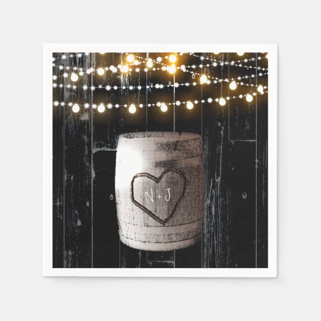 Guardanapo De Papel Luzes de Corda de Madeira Preta & Casamento Rústic (Frente)