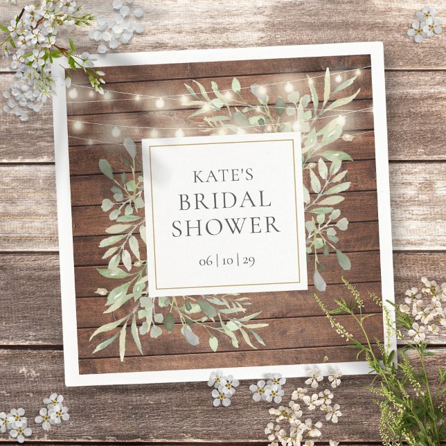 Guardanapo De Papel Luzes de Corda em Madeira Rústica com Folhagem (Greenery Rustic Wood String Lights Bridal Shower Napkins)